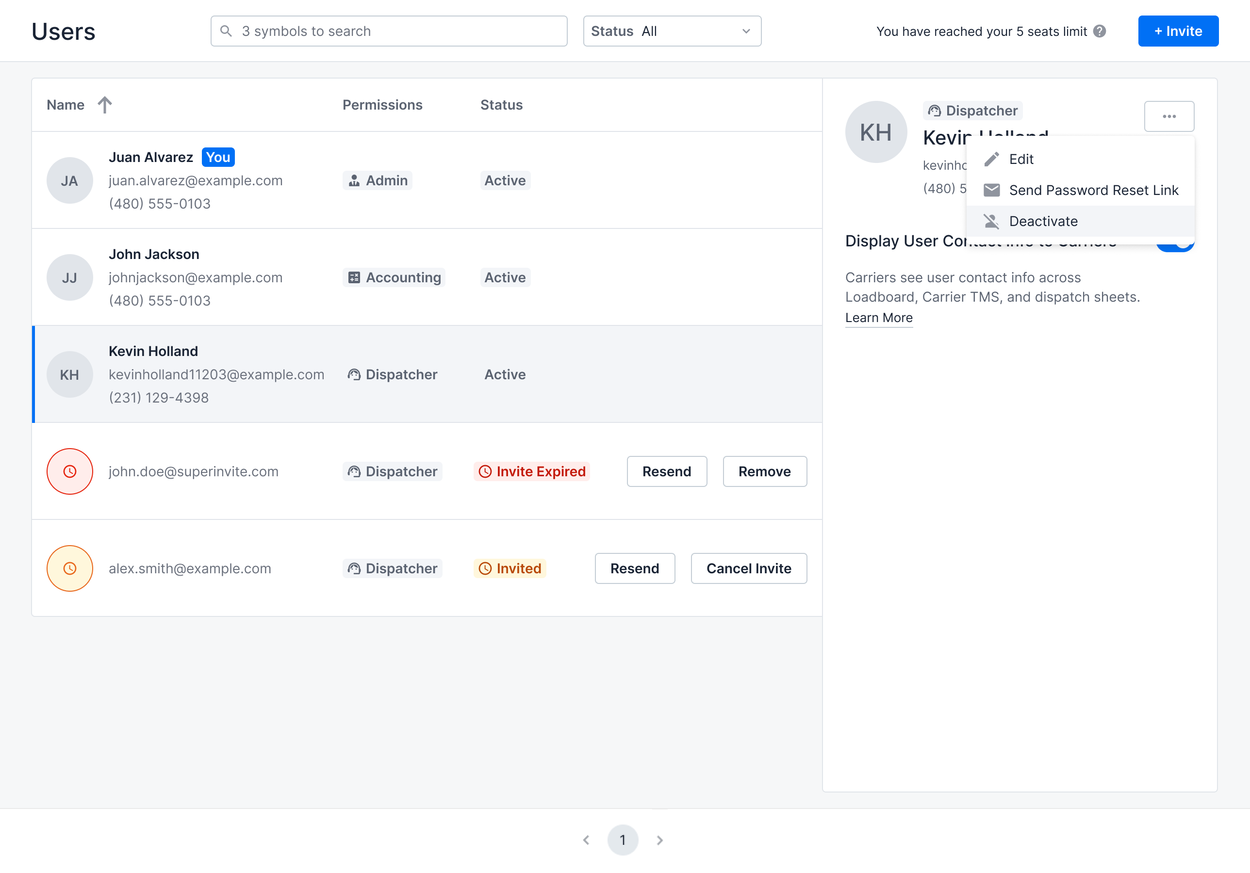 User management three-dot menu