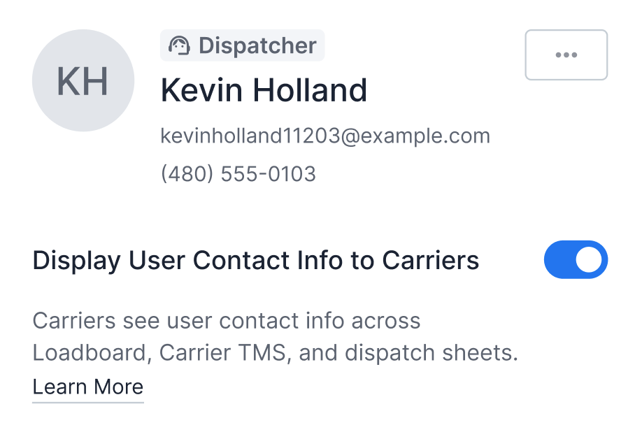 Display User Contact Info to Carriers toggle