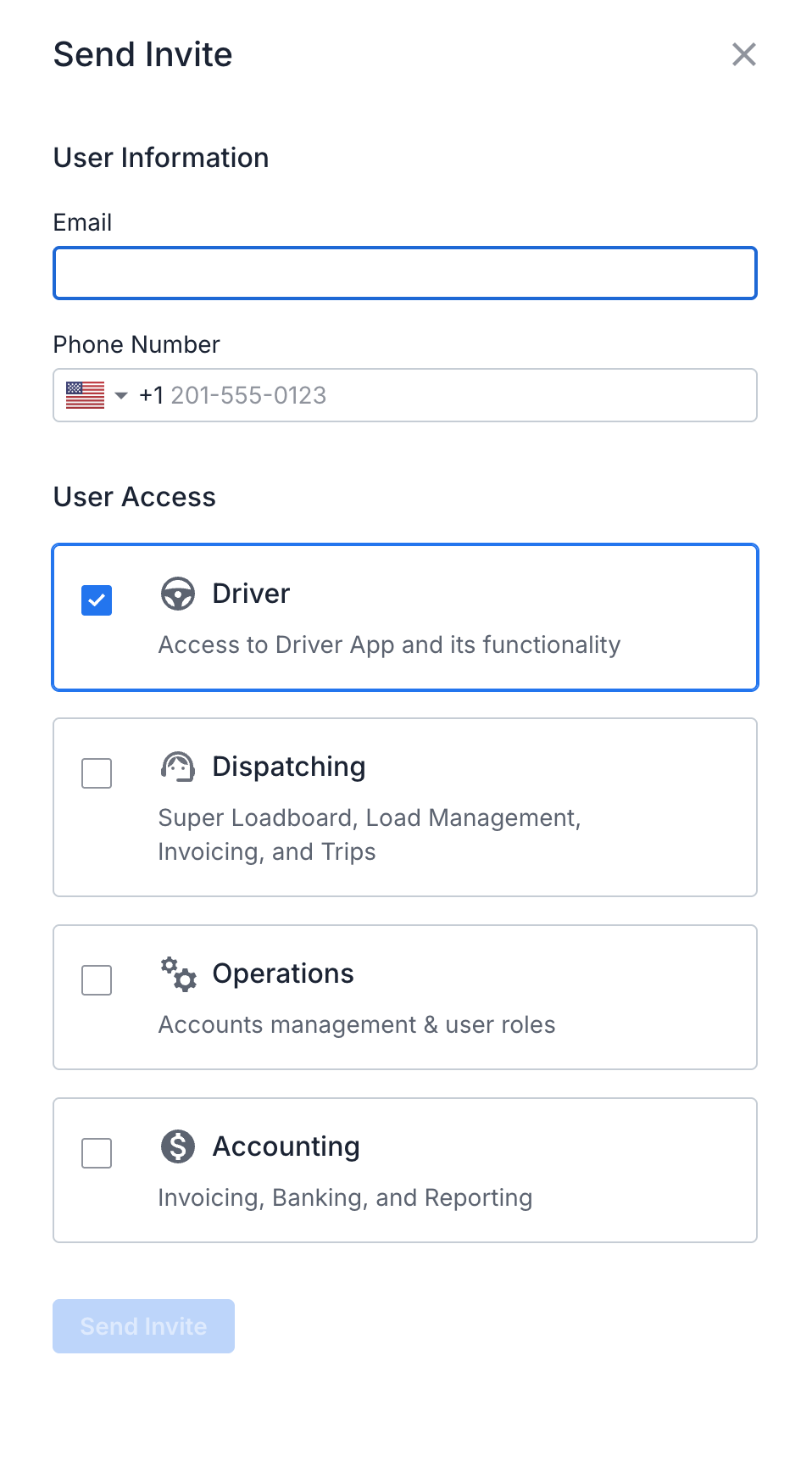 Invite user form with permissions