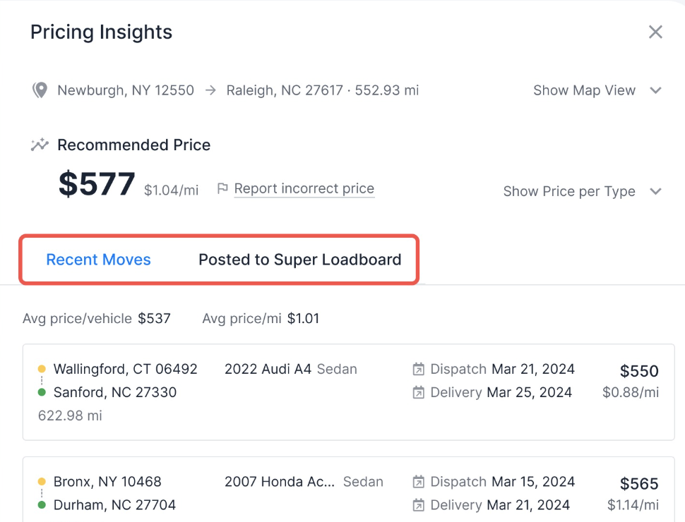 Recent moves comparison in Pricing Insights