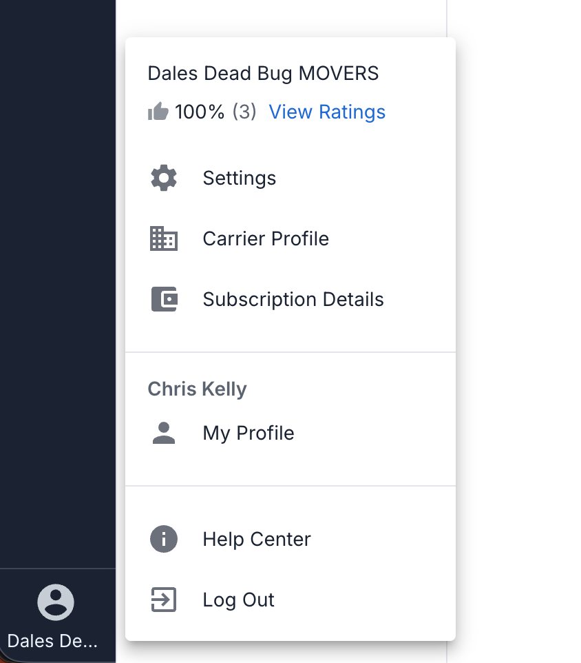 Profile icon in Carrier TMS