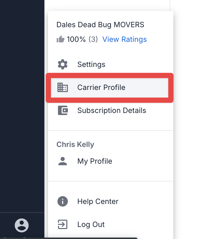 Carrier Profile menu option