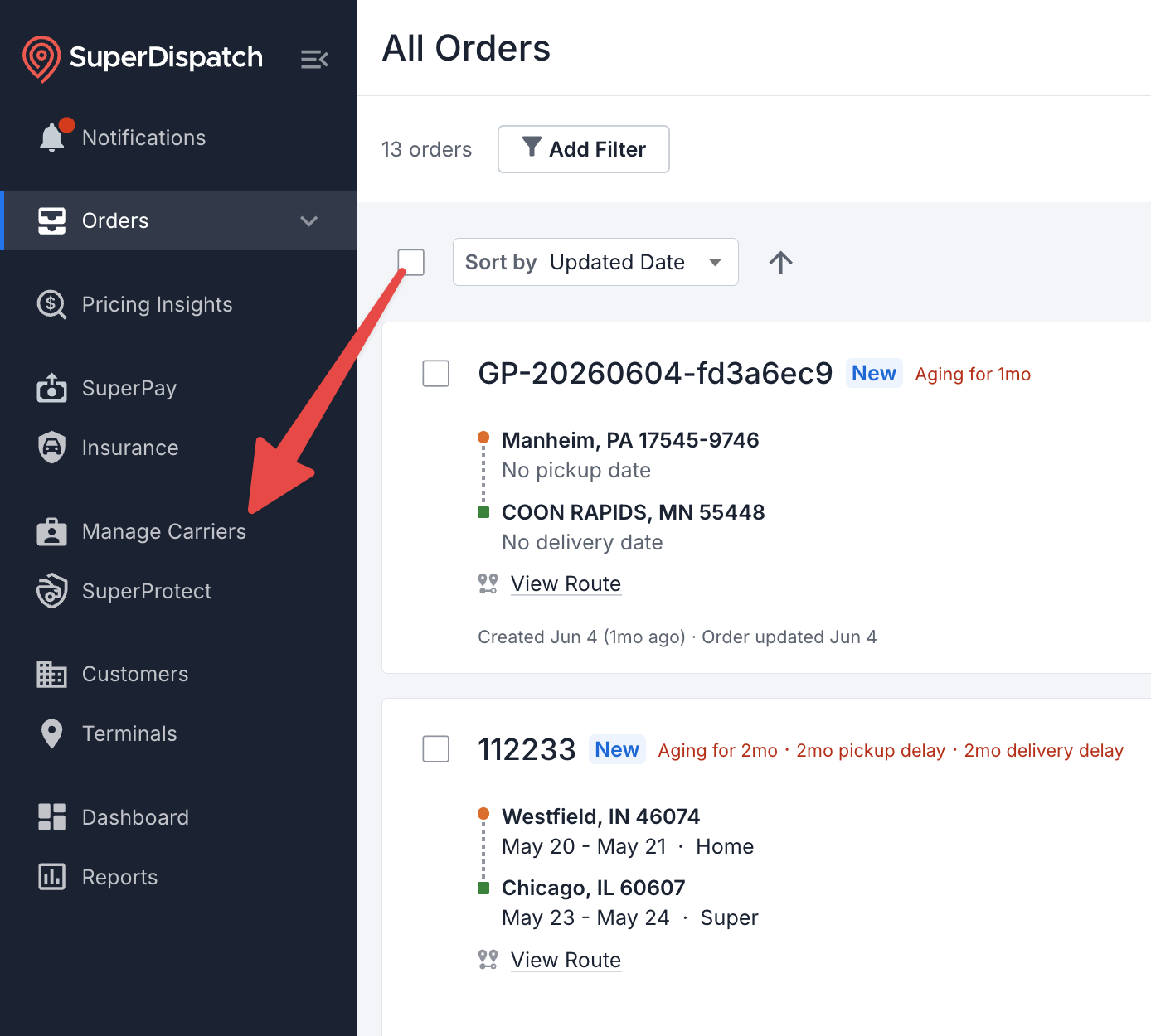 Shipper TMS left-hand navigation menu with Manage Carriers option highlighted
