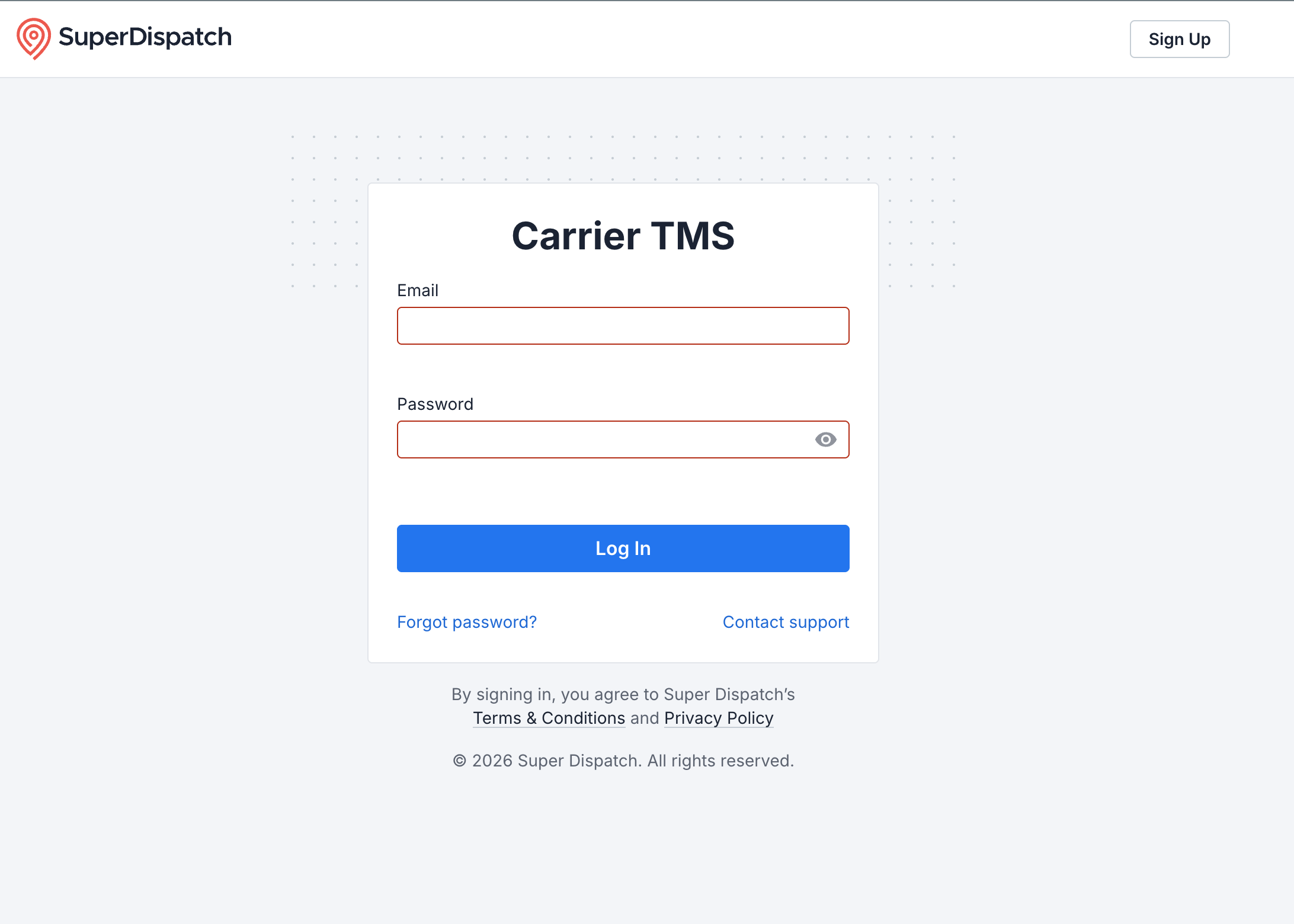 Carrier TMS login page showing the email address field, password field, and Sign In button