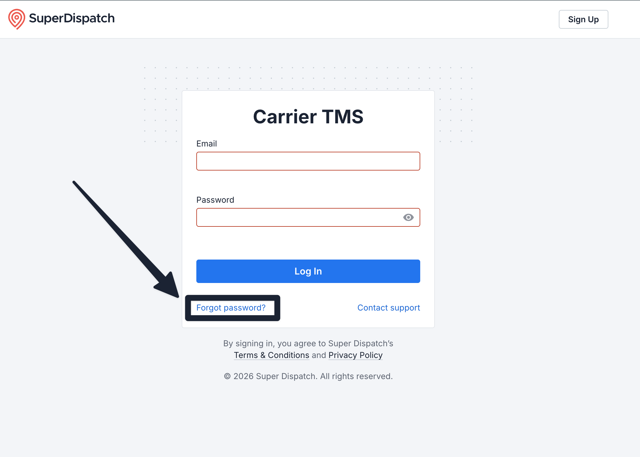 Carrier TMS login page with the Forgot password? link highlighted below the email and password fields