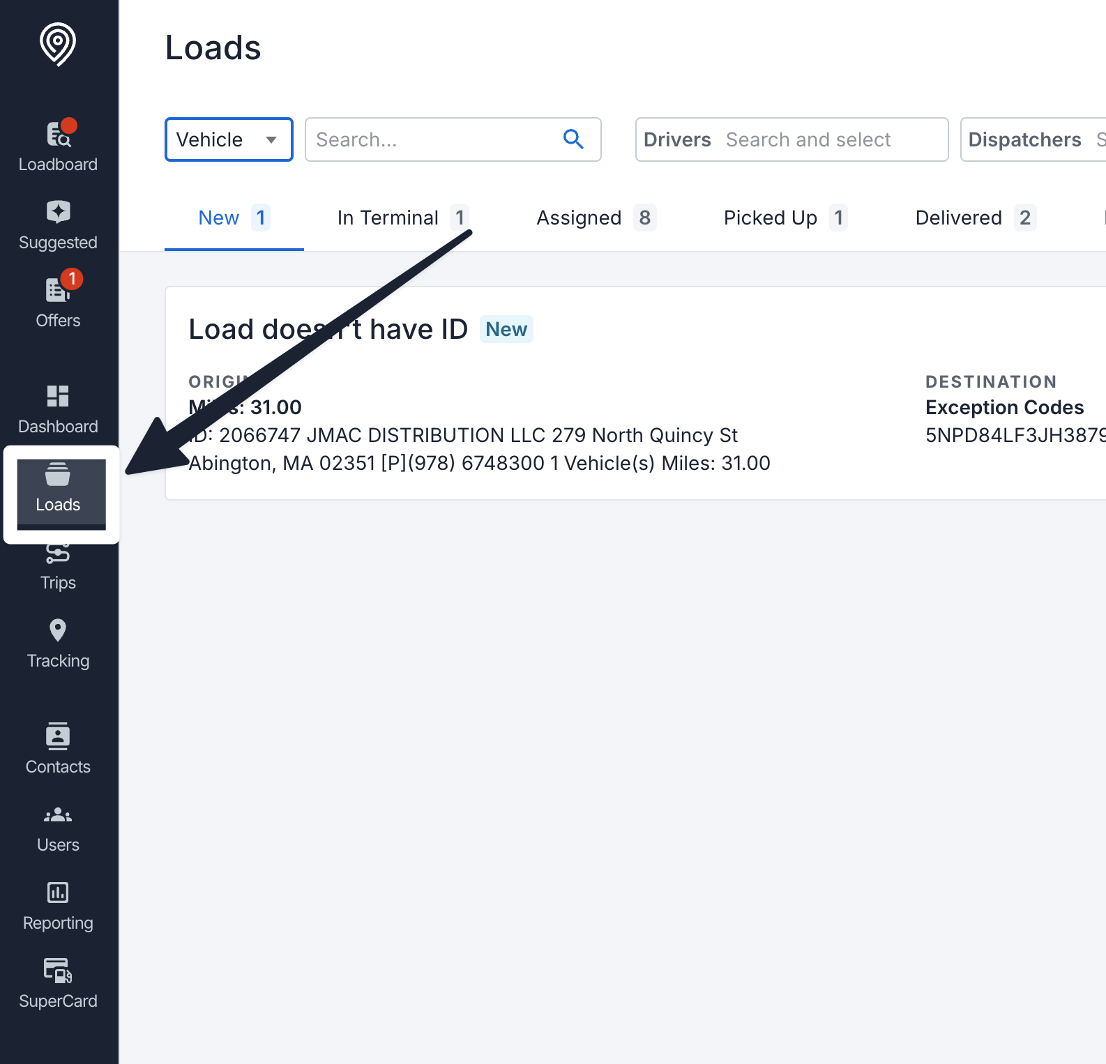 Carrier TMS left-hand navigation with the Loads tab selected