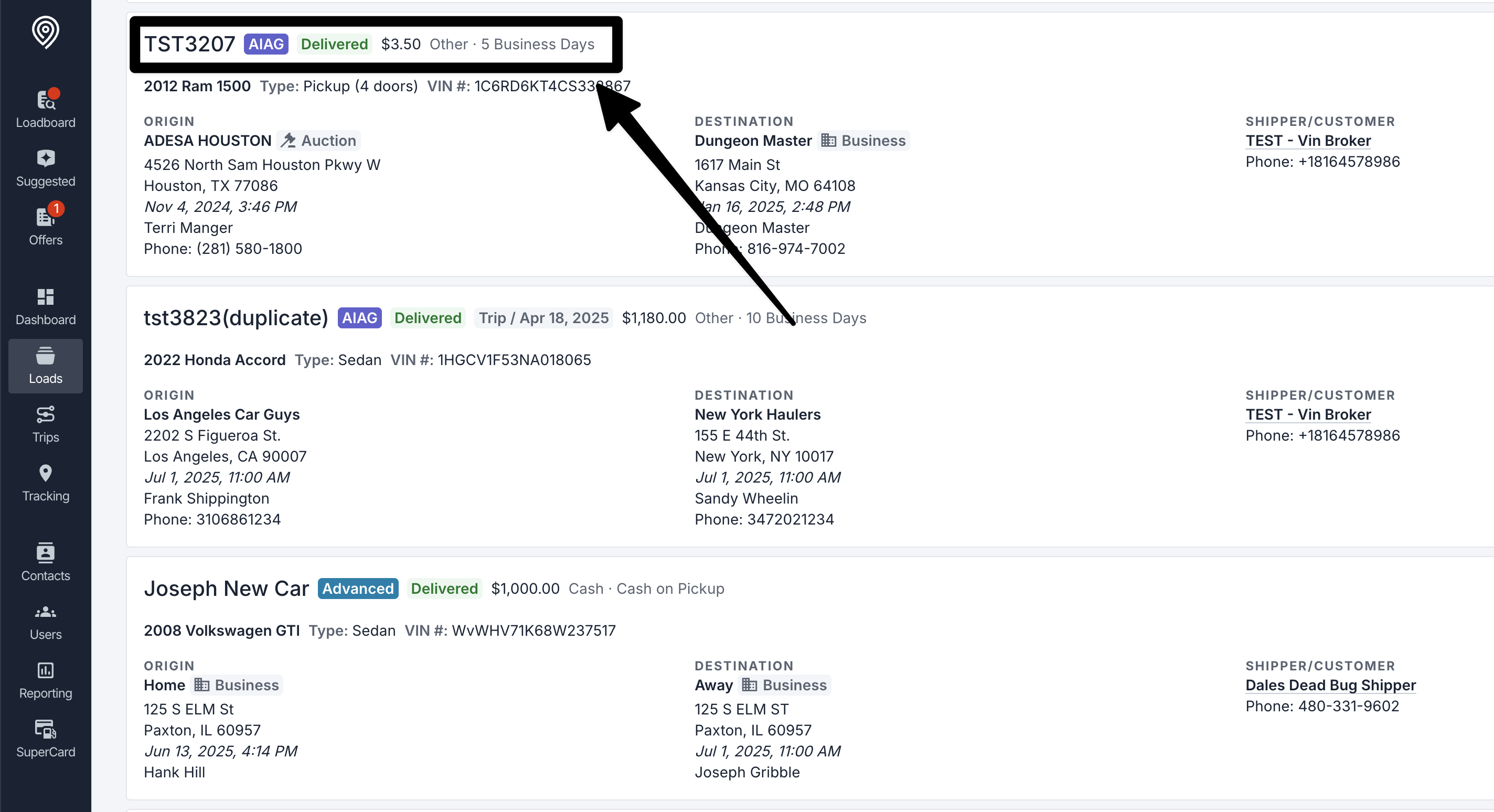 Carrier TMS Loads list showing multiple loads available to select