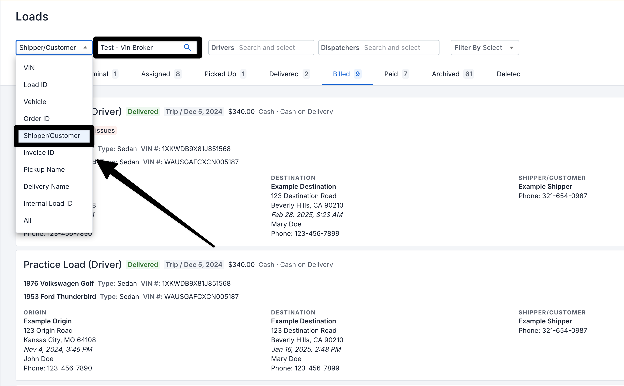 Carrier TMS Load History view with status, date, and order ID filters