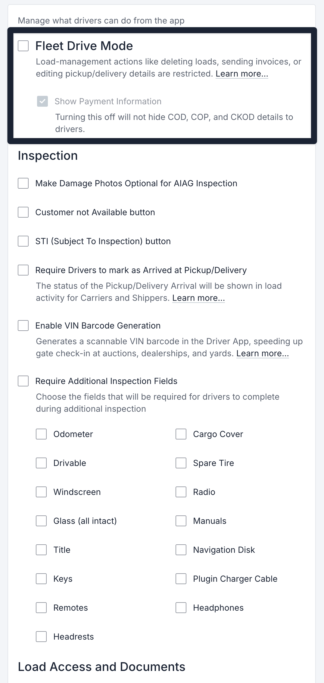 Carrier TMS Driver App settings page showing Fleet Drive Mode at the top, followed by the Inspection settings, including the Customer not Available button and STI (Subject To Inspection) button checkboxes