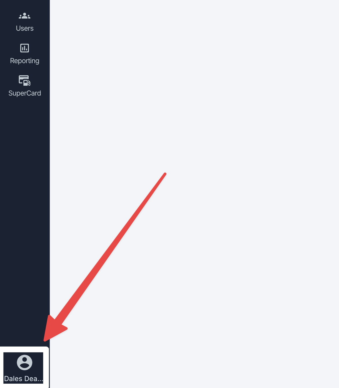 Carrier TMS left-hand navigation with an arrow pointing to the profile icon in the lower-left corner