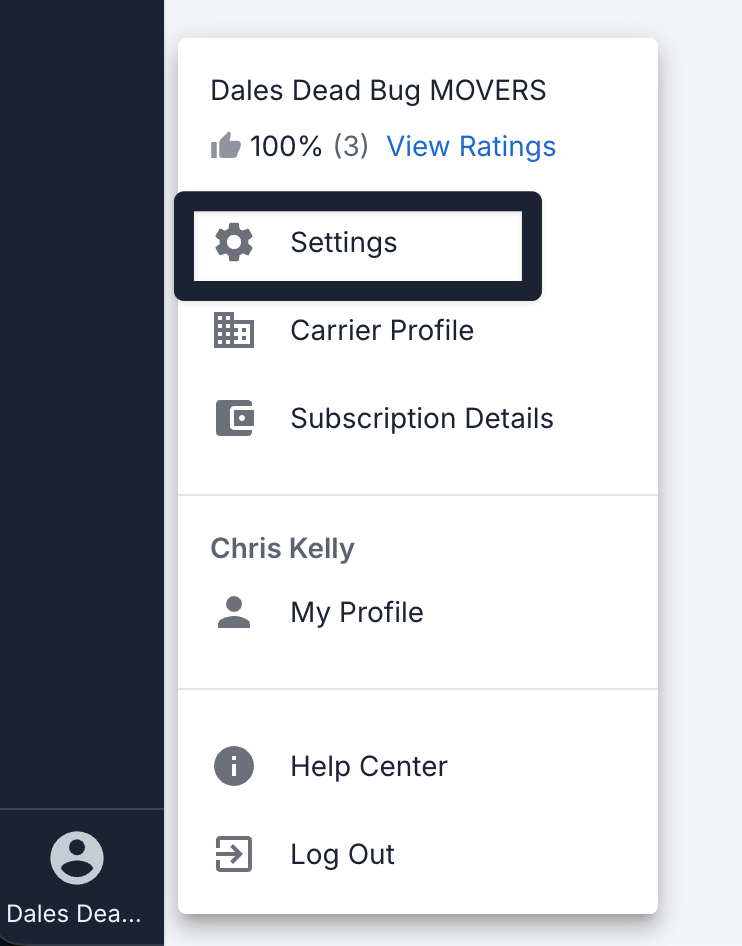 Carrier TMS profile menu with Settings highlighted above Carrier Profile and Subscription Details