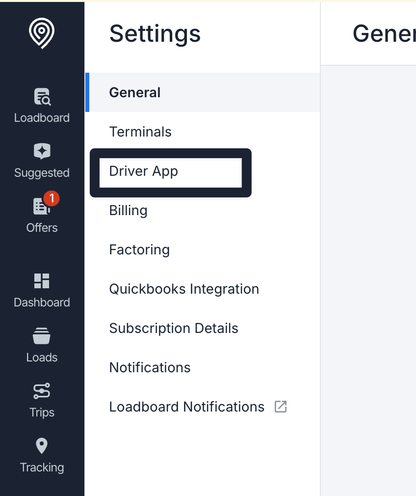 Carrier TMS Settings menu with Driver App highlighted between Terminals and Billing