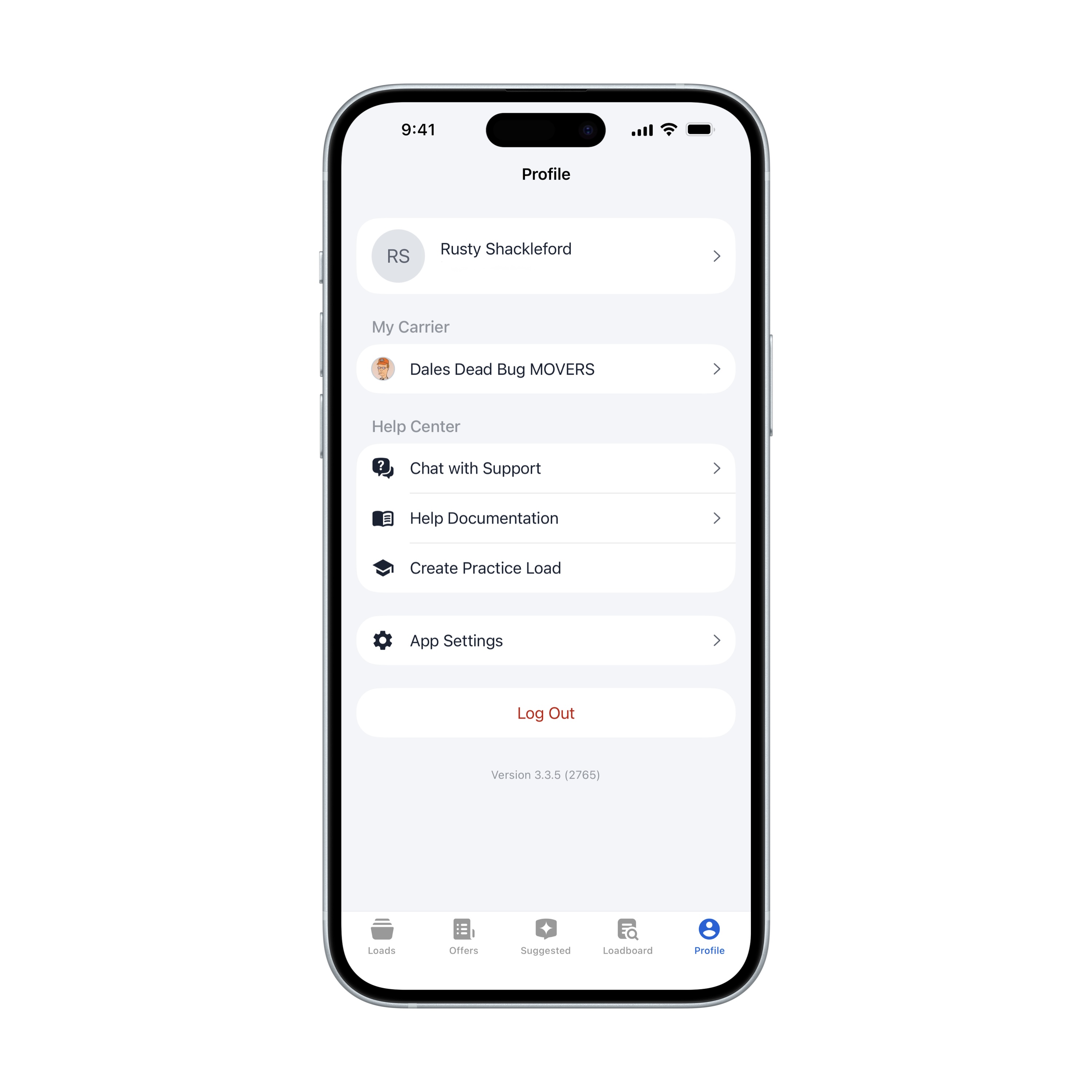 Driver App Profile screen showing the driver's name, My Carrier, Help Center options, and App Settings above Log Out
