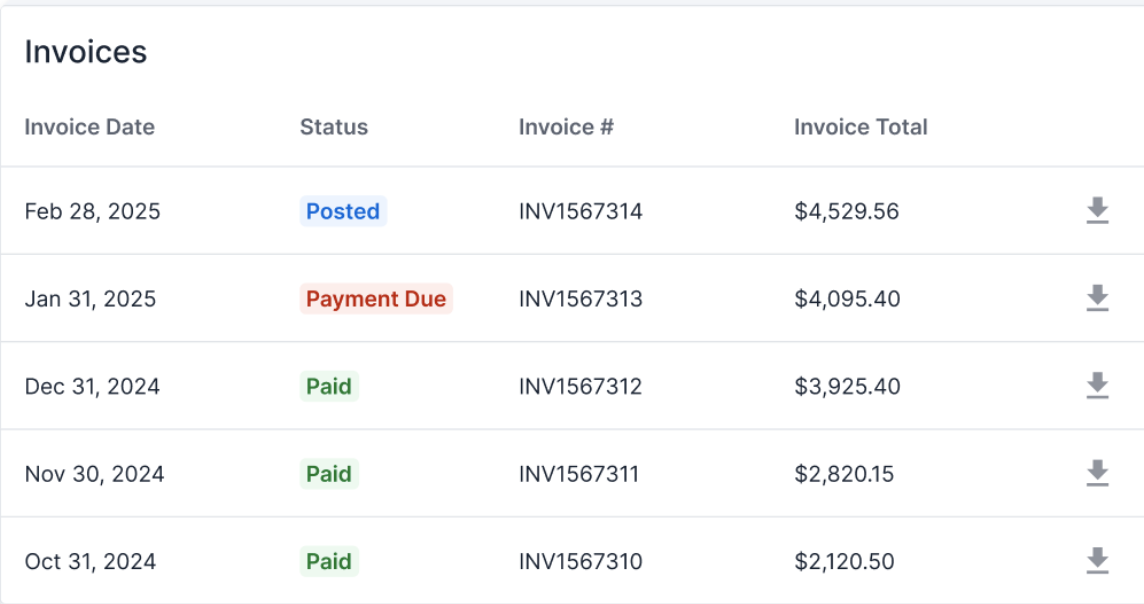 Invoices section in Shipper TMS listing five invoices with their dates, Posted, Payment Due, and Paid statuses, invoice numbers, totals, and a download icon on each row