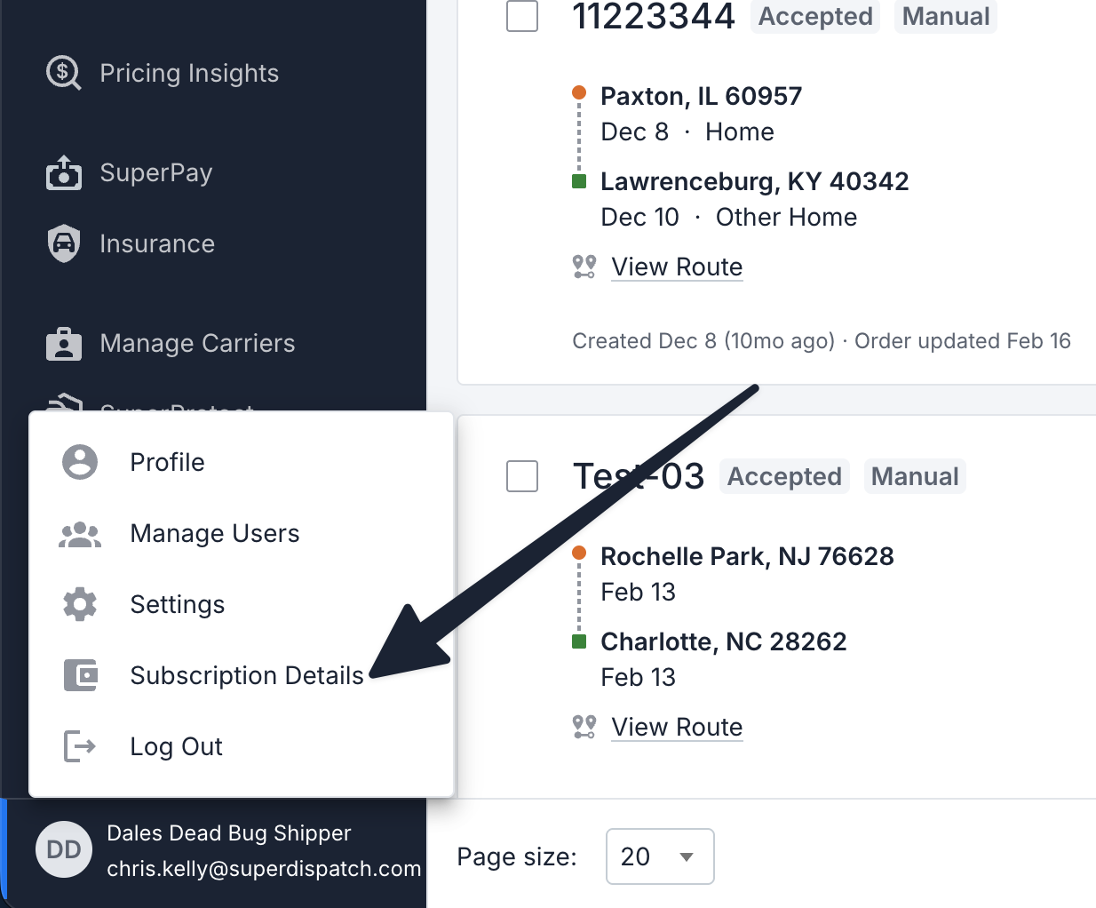 Shipper TMS account menu opened from the lower-left corner with an arrow pointing to Subscription Details, below Profile, Manage Users, and Settings