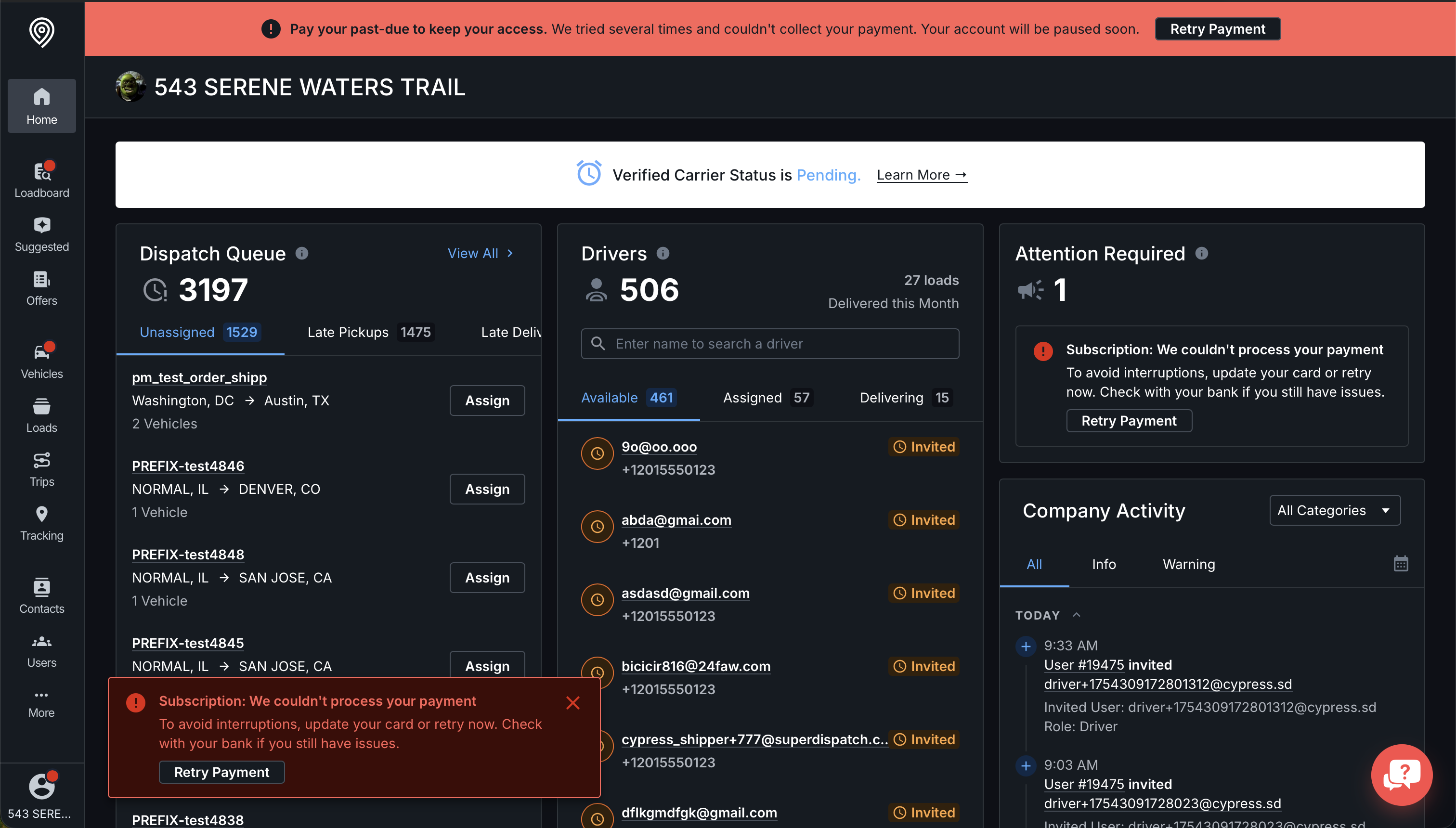 Carrier TMS dashboard with a past-due banner and Retry Payment button across the top, a Subscription alert in Attention Required, and a payment failed pop-up in the lower-left corner