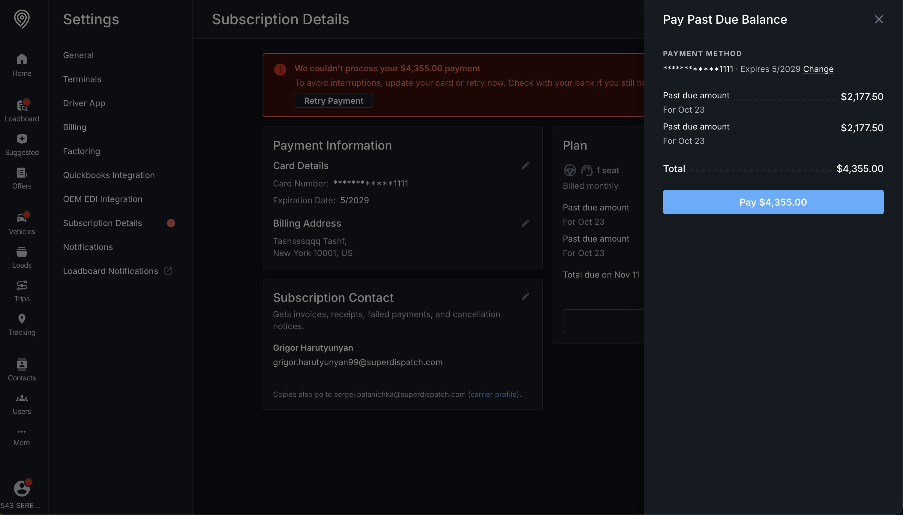 Pay Past Due Balance drawer showing the payment method, each past-due amount with its billing date, the total, and a Pay button