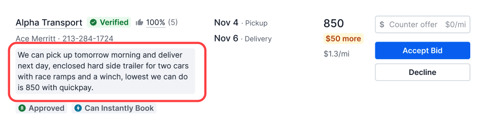 Carrier load request in Shipper TMS showing the carrier name, Verified badge, rating, contact, comment, pickup and delivery dates, bid price with the difference from the posted price, and Accept Bid, Decline, and Counter offer options